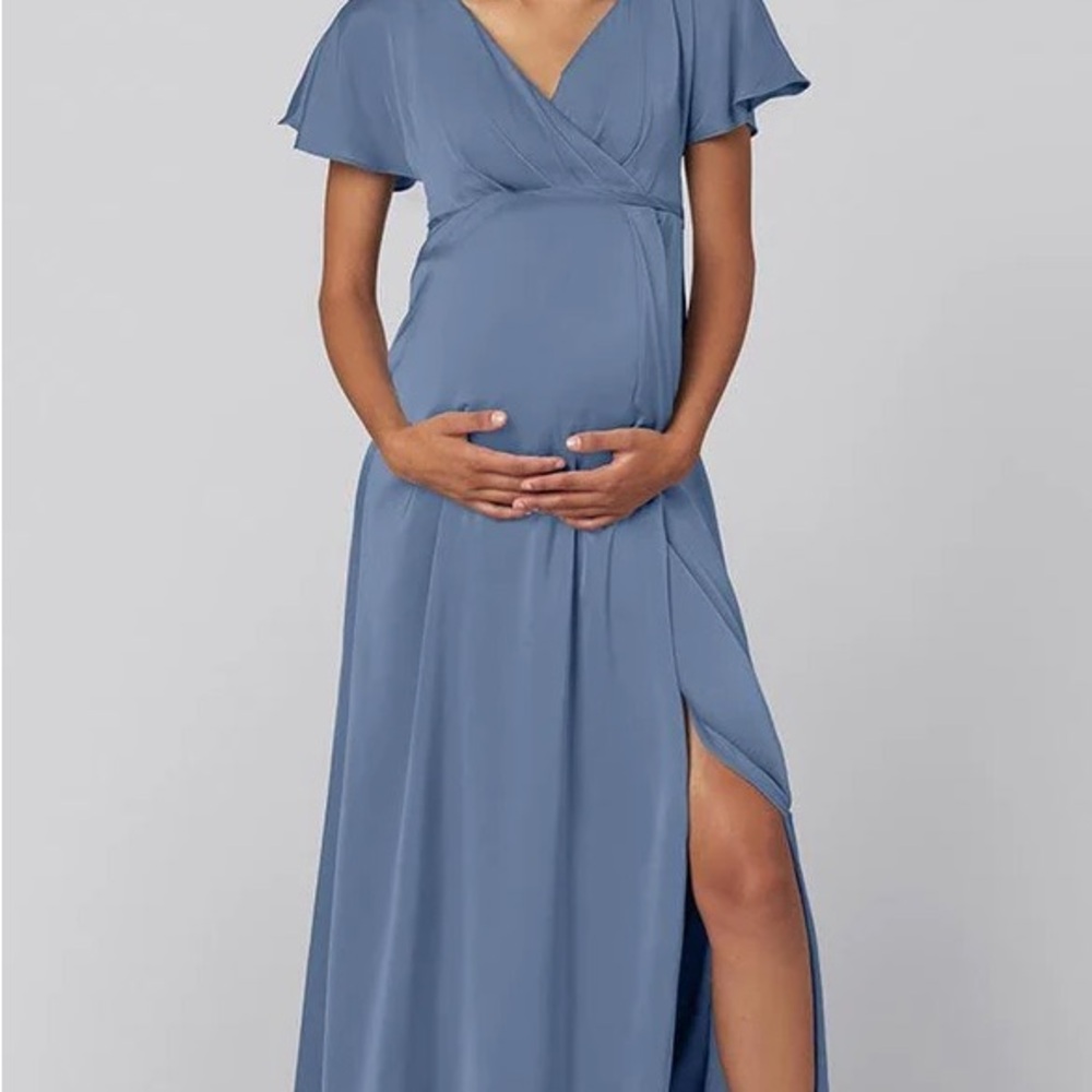 Kennedy Blue Tate Maternity Elegant Dusty Blue Satin Wrap Maxi Dress - Picture 4 of 4